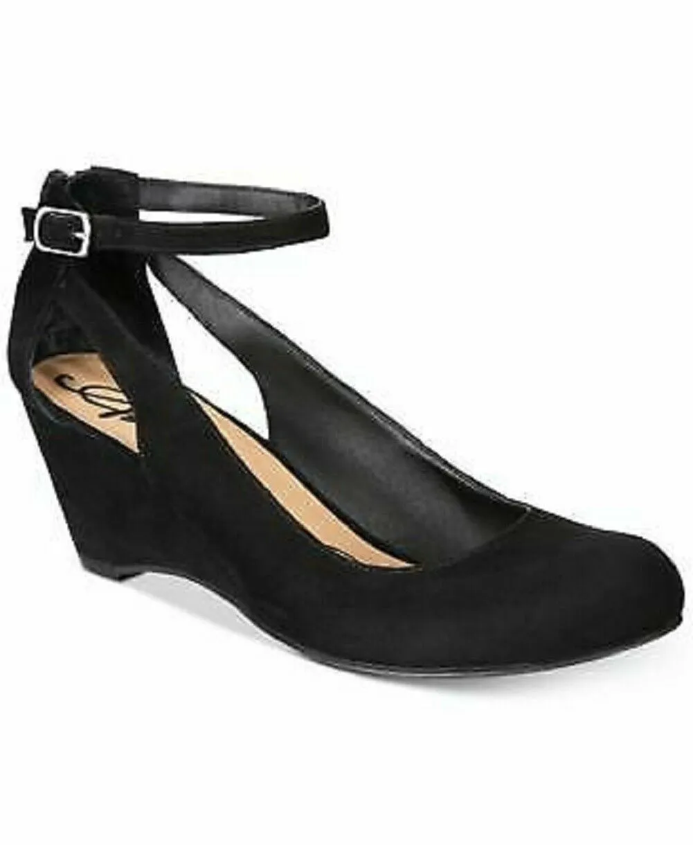 American Rag CIE Women Amiley Black Suede Chop Out Wedges Ankle Strap Shoes 9 M