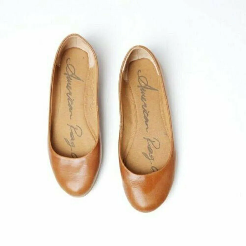 American Rag Ellie Women Cognac Color Faux Leather Almond Toe Slide Flats Shoe 9