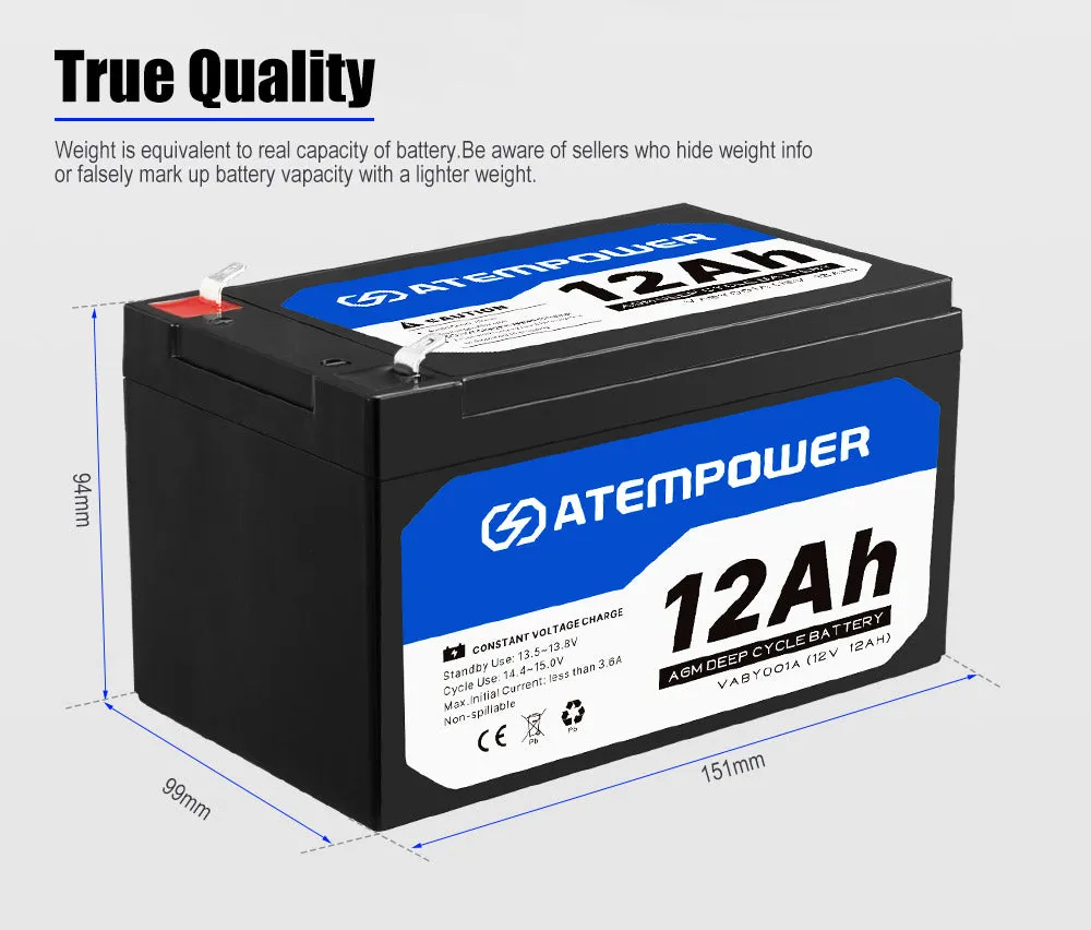 Atem Power 12AH 12V AGM Deep Cycle Battery SLA UPS Solar Alarm Toy Camping 4WD