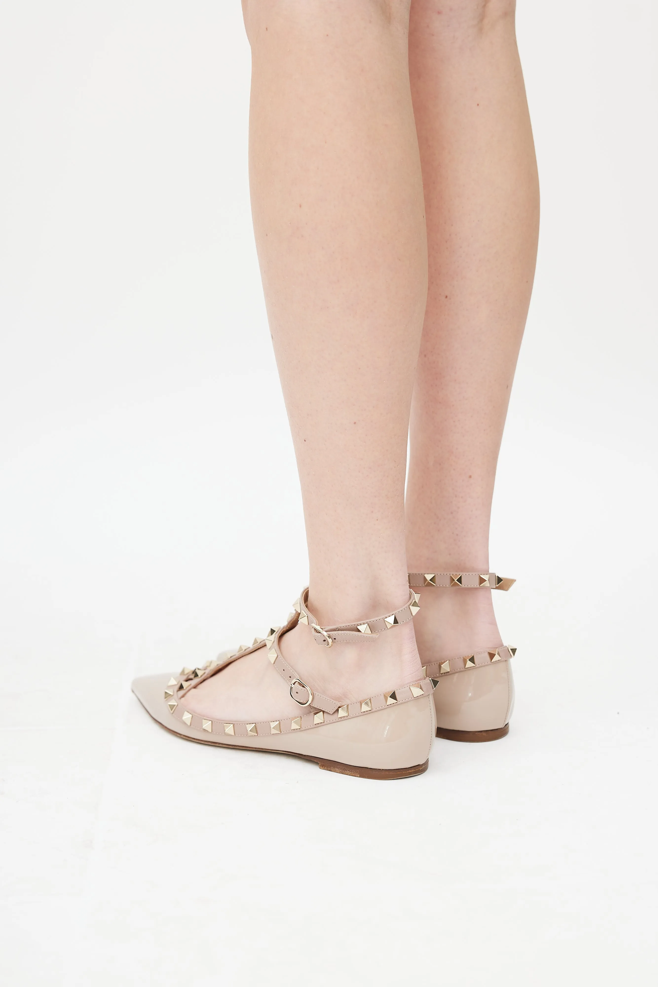 Beige Patent Rockstud Caged Flat