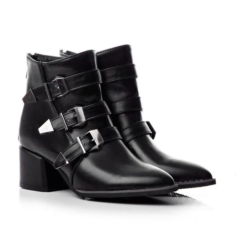 Bigsizeheels American western leather ankle boots with pointed toes and thick heels - Black