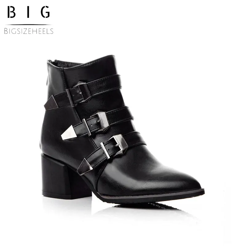 Bigsizeheels American western leather ankle boots with pointed toes and thick heels - Black
