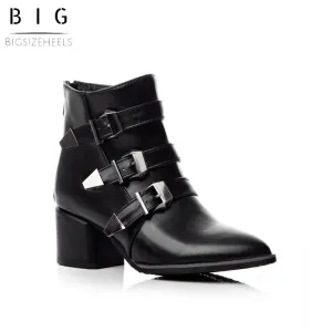 Bigsizeheels American western leather ankle boots with pointed toes and thick heels - Black