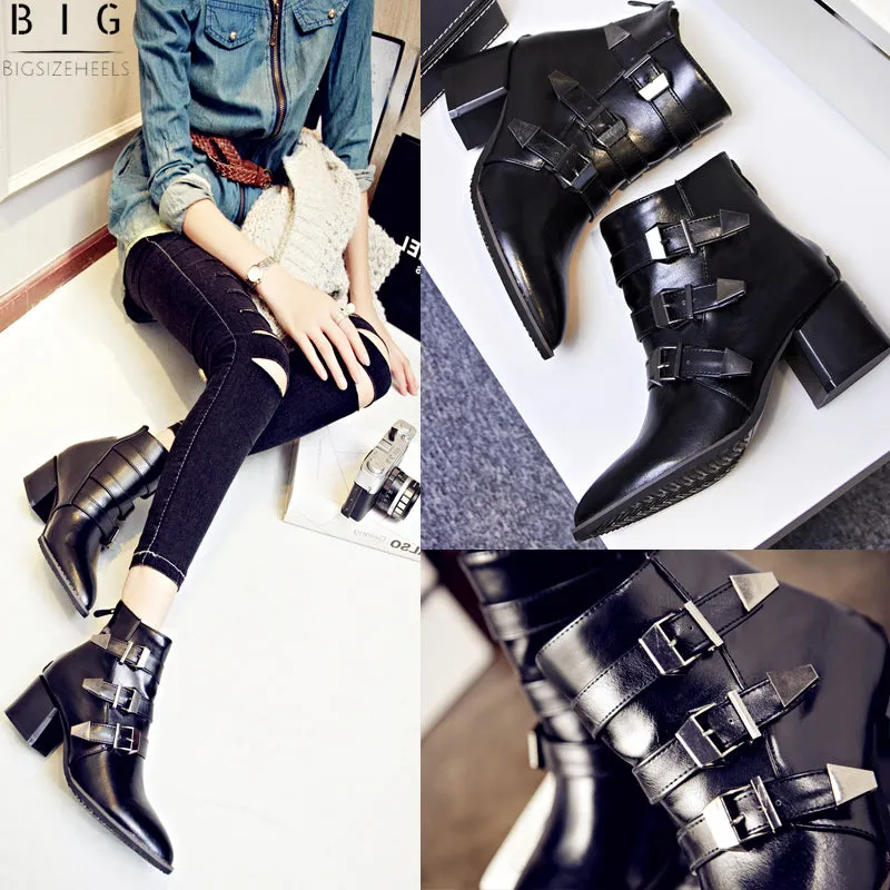 Bigsizeheels American western leather ankle boots with pointed toes and thick heels - Black