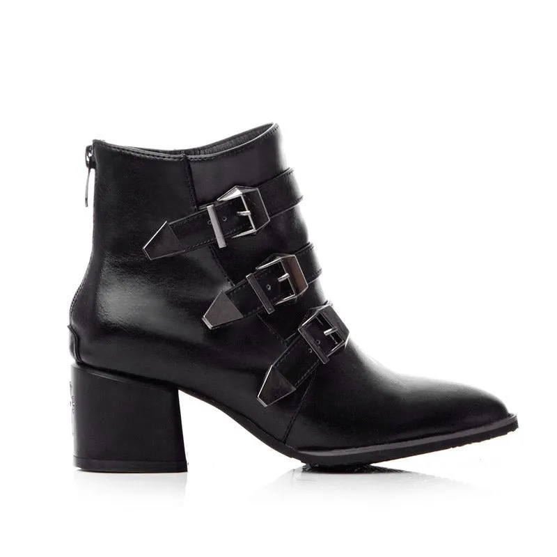 Bigsizeheels American western leather ankle boots with pointed toes and thick heels - Black