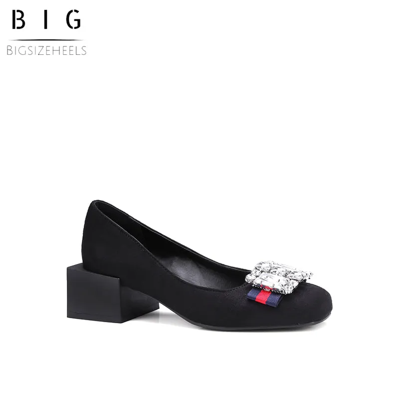 Bigsizeheels Suede square toe rhinestones with thick heels - Black