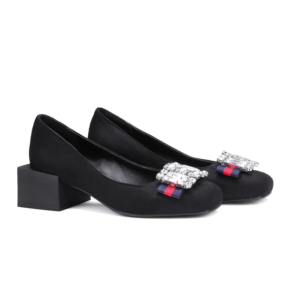 Bigsizeheels Suede square toe rhinestones with thick heels - Black
