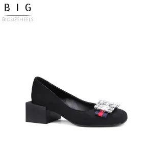 Bigsizeheels Suede square toe rhinestones with thick heels - Black