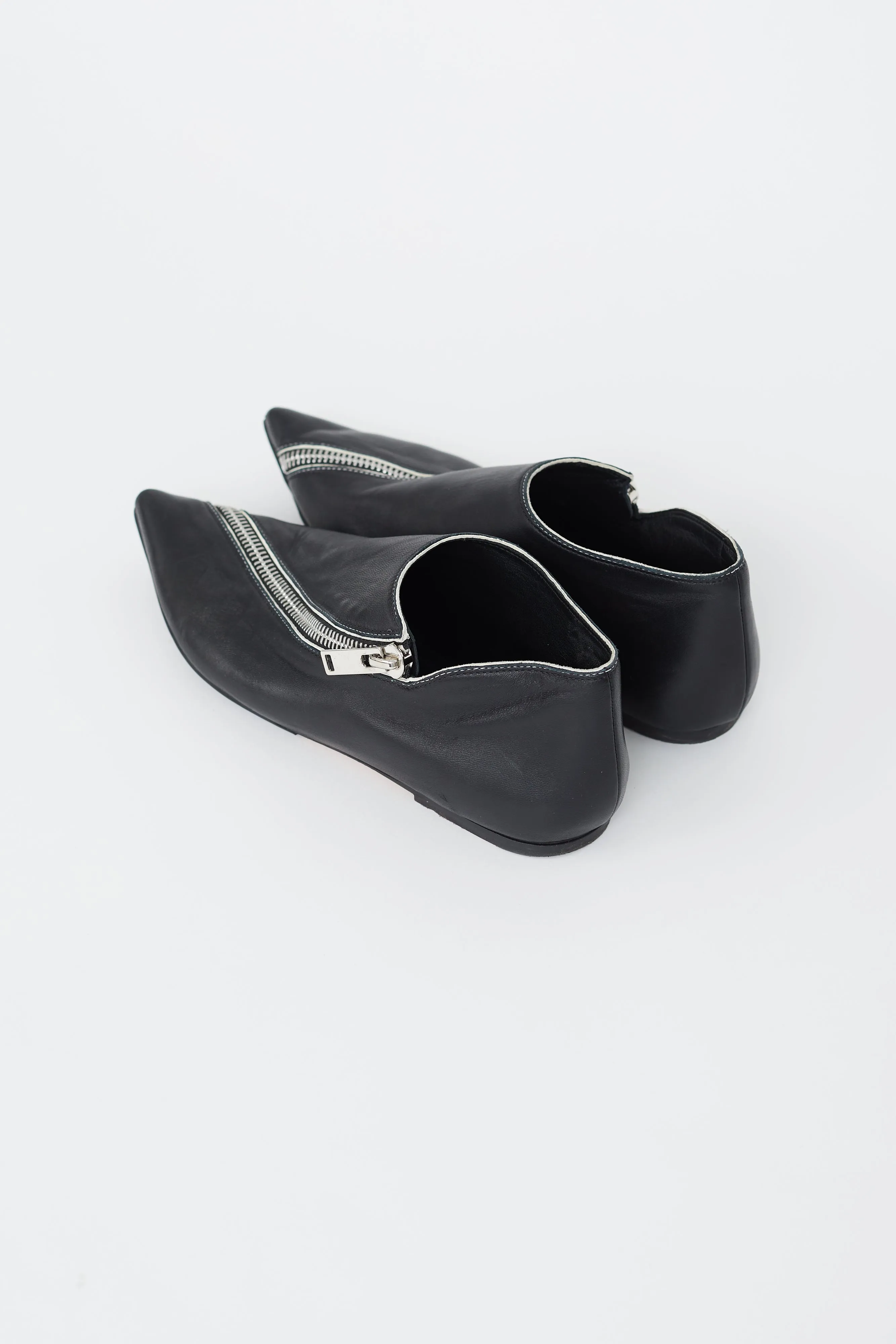 Black Leather Asymmetrical Zip Flat