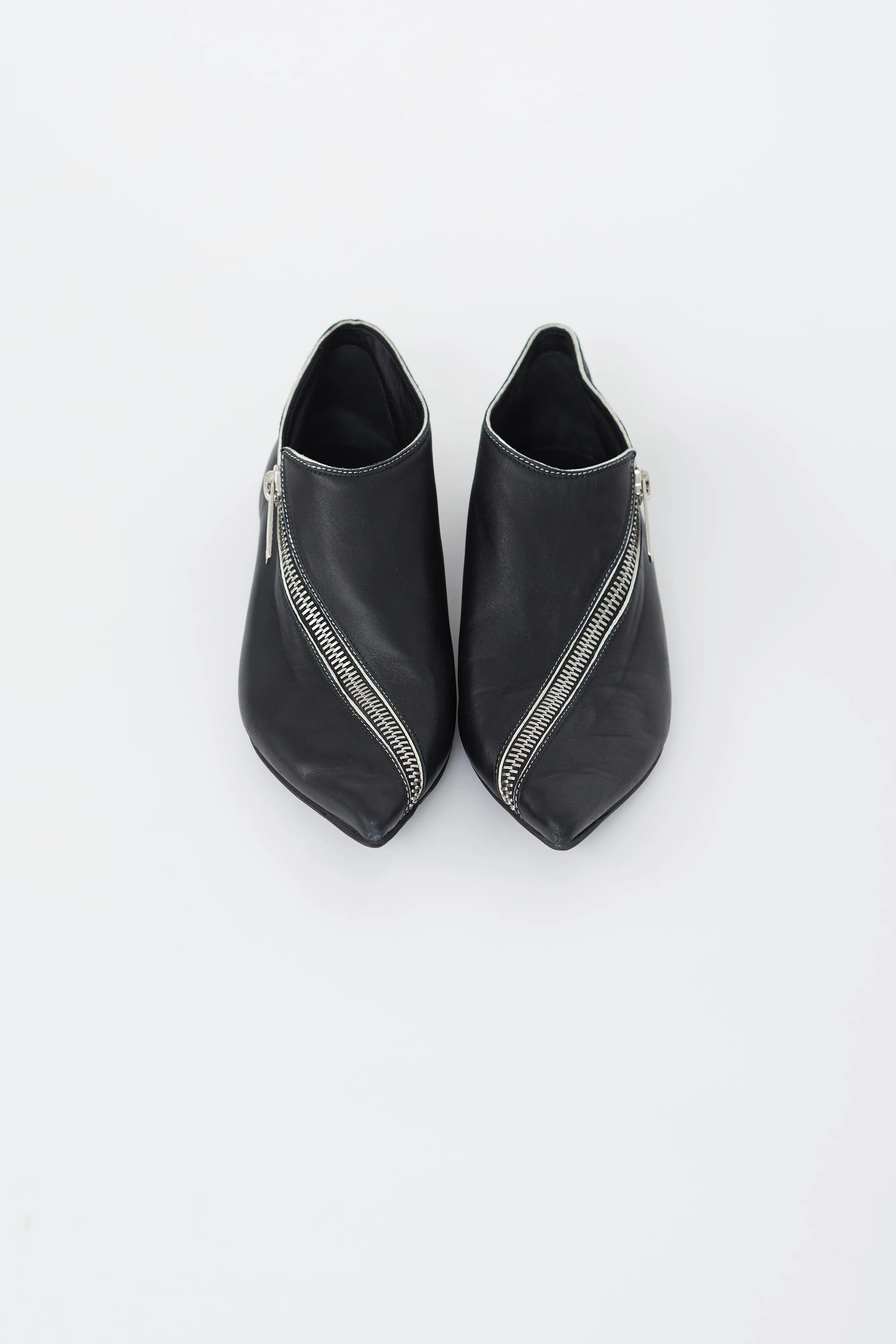 Black Leather Asymmetrical Zip Flat
