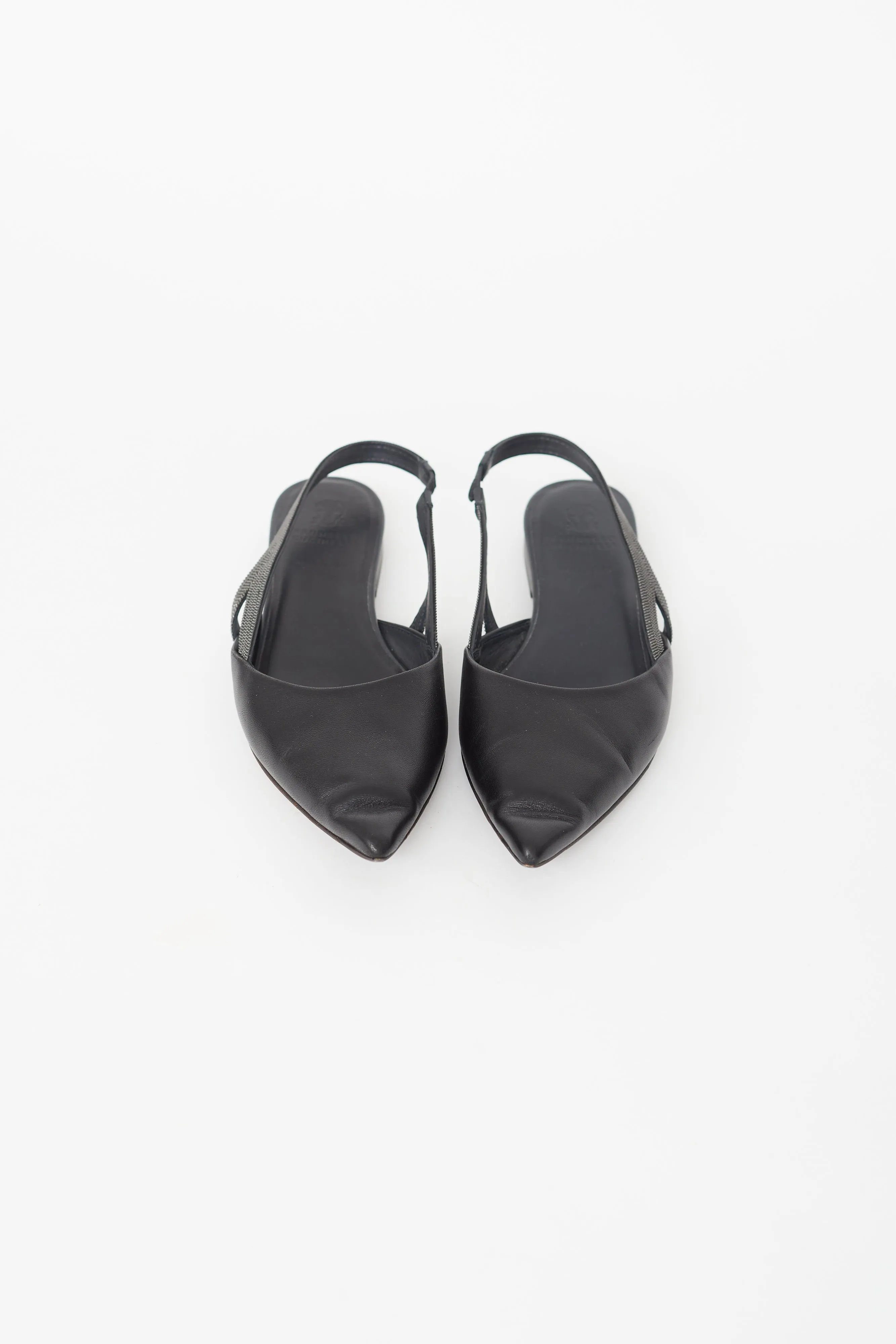 Black Leather Monili Bead Slingback Flat
