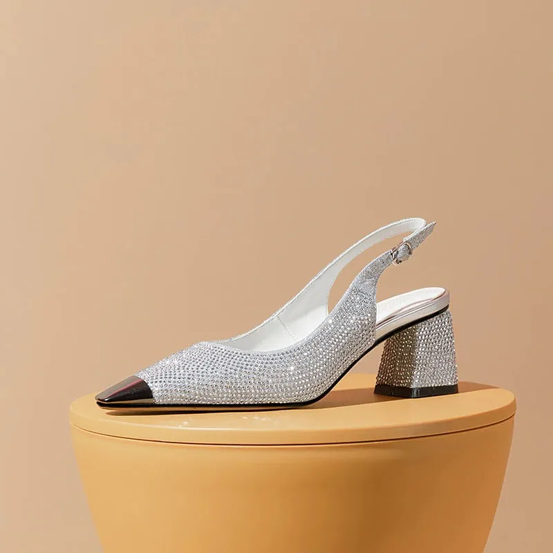Bling-Out Rhinestone Studded Slip-On Vegan Leather Block Heel Sandals