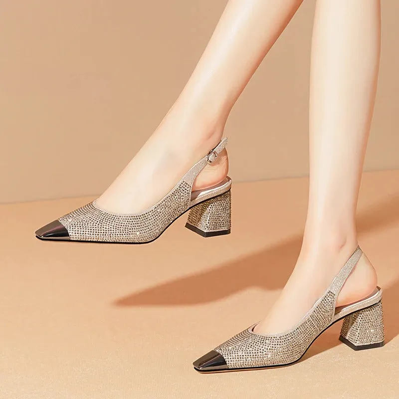 Bling-Out Rhinestone Studded Slip-On Vegan Leather Block Heel Sandals
