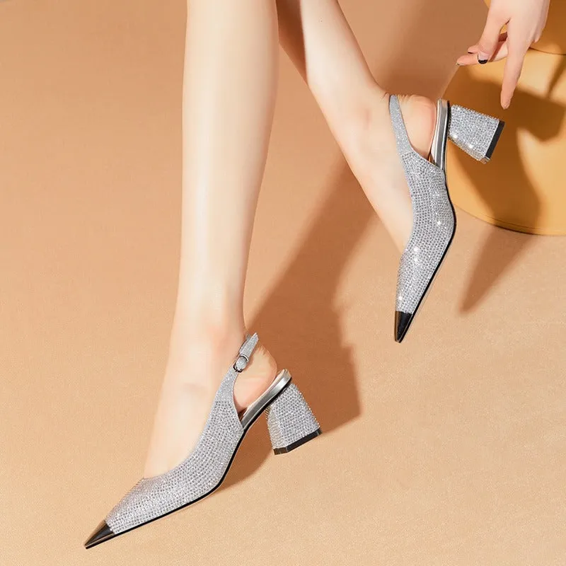 Bling-Out Rhinestone Studded Slip-On Vegan Leather Block Heel Sandals