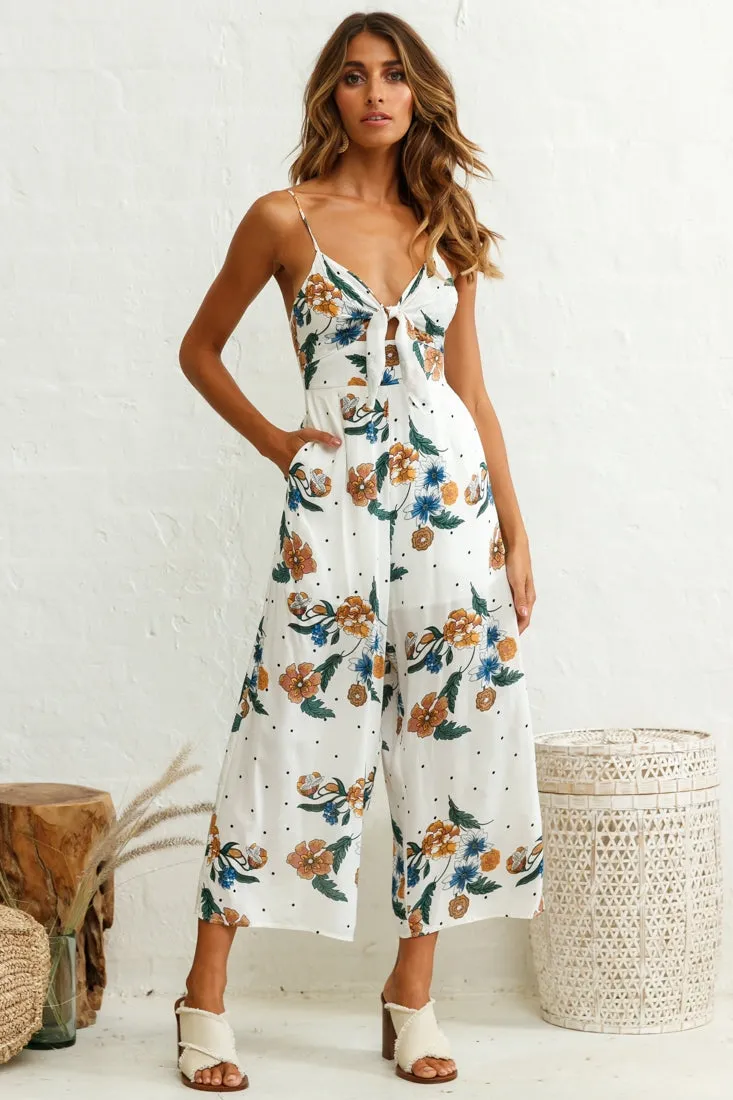 Call Me Wide-Leg Tied Bust Jumpsuit Floral Print White