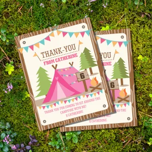 Camping Tent Birthday Party Thank-You Card for a Gir l | Camping Thank-You Card