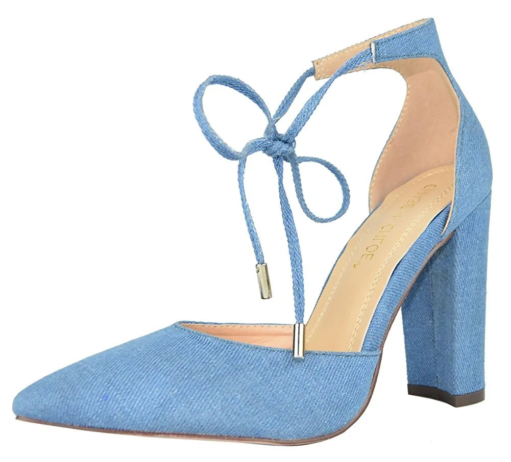 Chase & Chloe Women's d'Orsay Pointed Toe Ankle Tie Stacked Block Heel