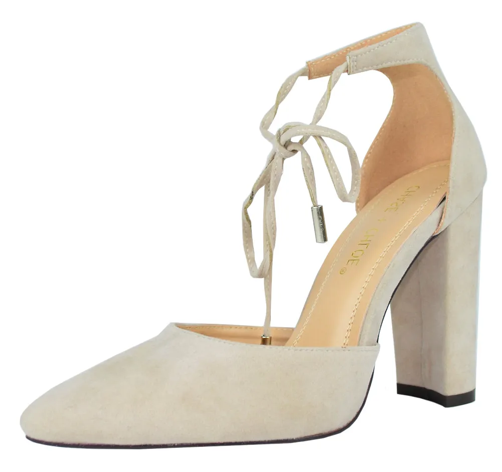Chase & Chloe Women's d'Orsay Pointed Toe Ankle Tie Stacked Block Heel
