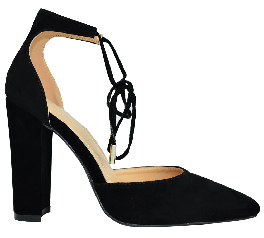 Chase & Chloe Women's d'Orsay Pointed Toe Ankle Tie Stacked Block Heel