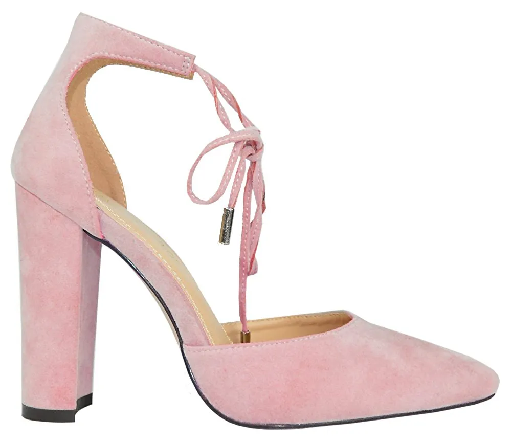 Chase & Chloe Women's d'Orsay Pointed Toe Ankle Tie Stacked Block Heel