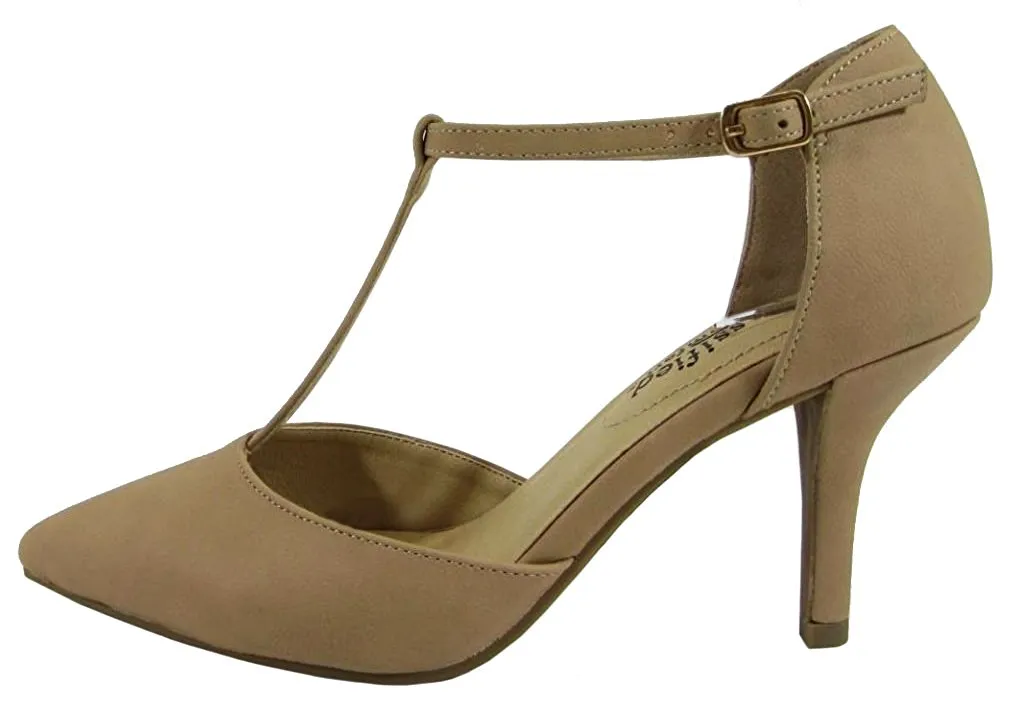 City Classified Comfort Women's Pointy Toe T-Strap Mid Heel Pump