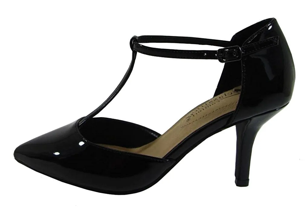City Classified Comfort Women's Pointy Toe T-Strap Mid Heel Pump