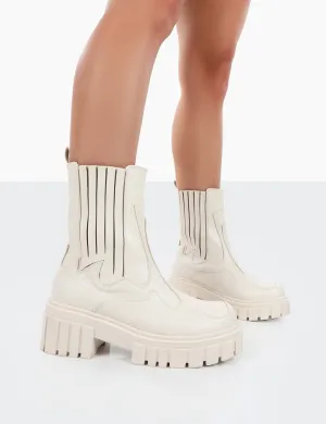Consequence Ecru Drench Stitched Detail Chunky Sole Ankle Boots
