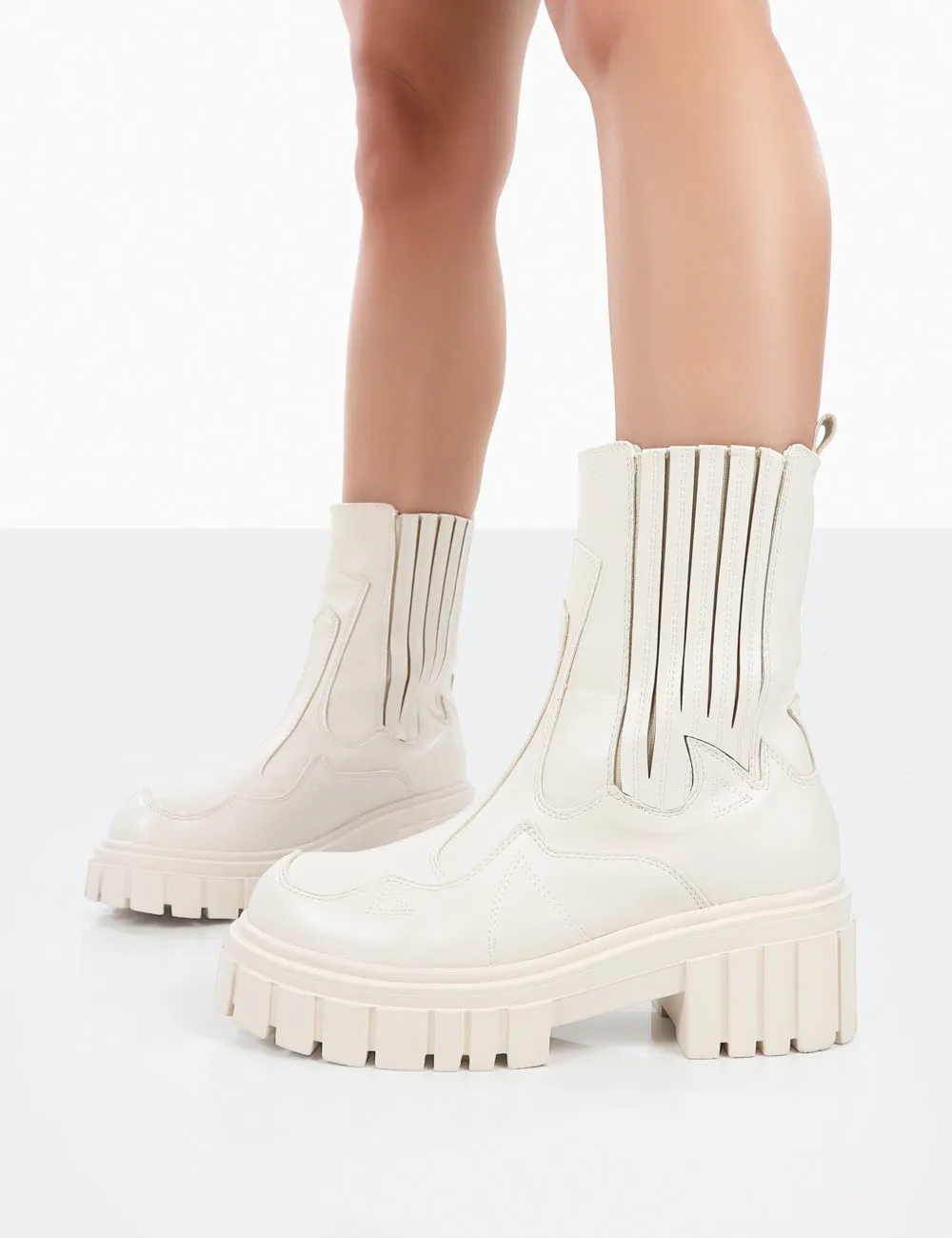 Consequence Ecru Drench Stitched Detail Chunky Sole Ankle Boots