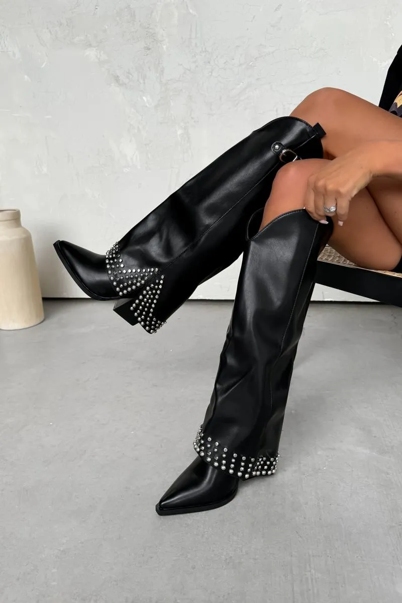 COUNTY Flared Cowboy Western Boots - Black PU