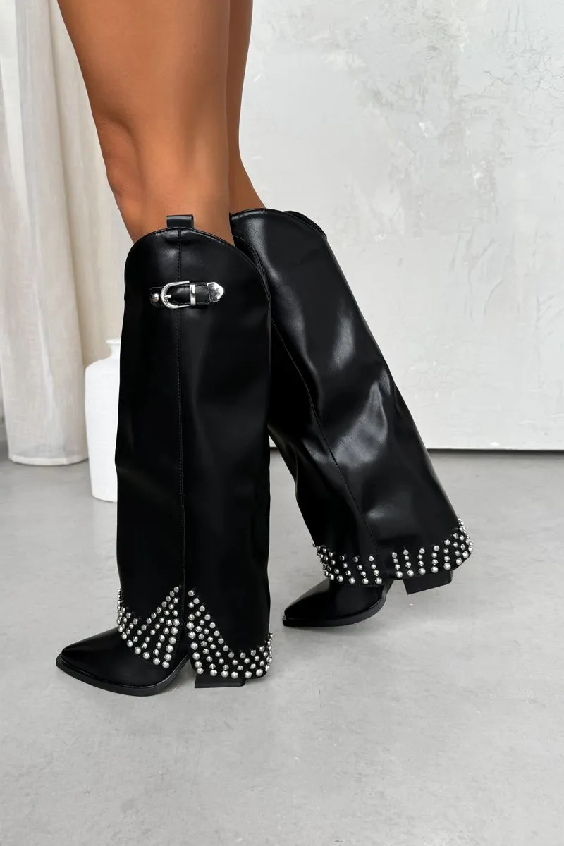 COUNTY Flared Cowboy Western Boots - Black PU