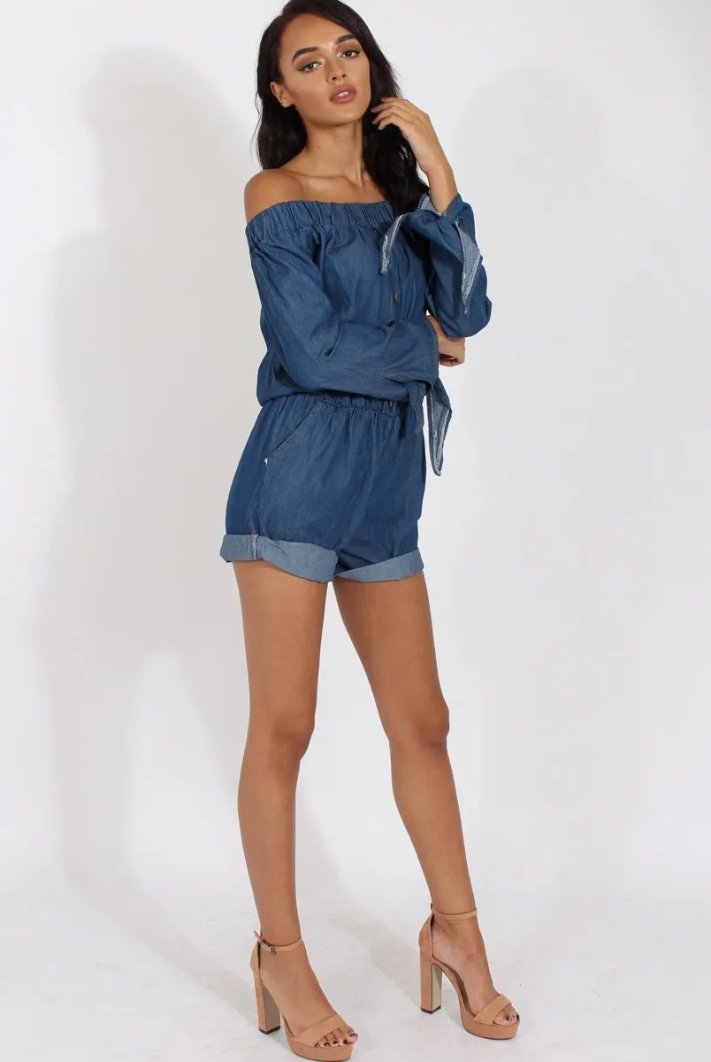 Dark Blue Denim Bardot Denim Playsuit - Angelica