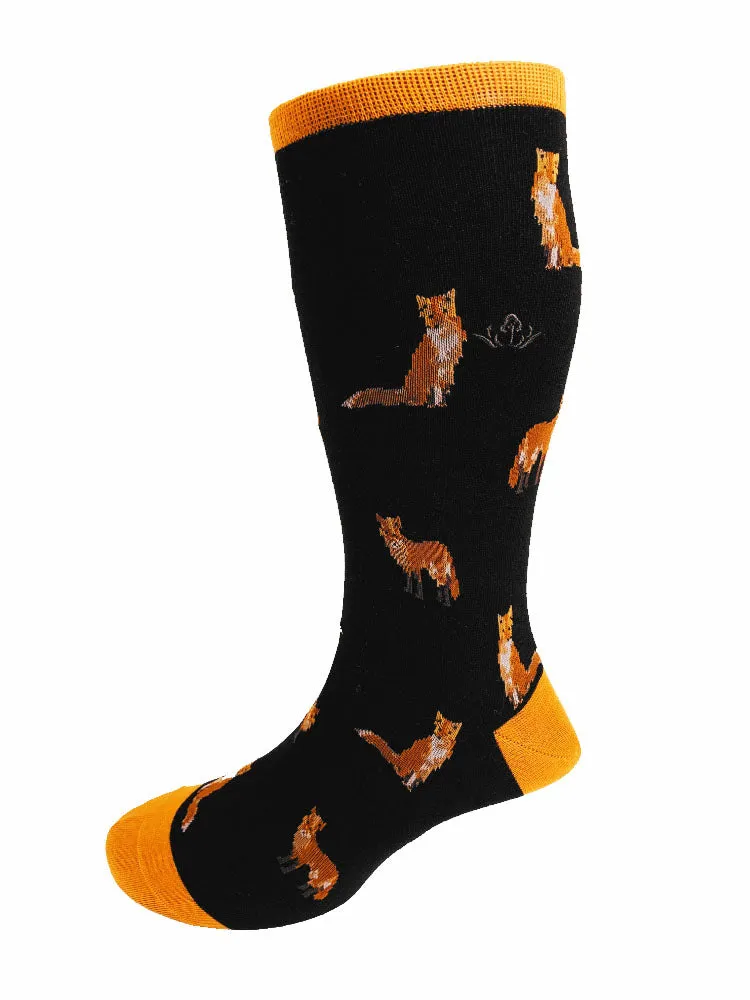 Fox Motif Soft Cotton Socks – Black