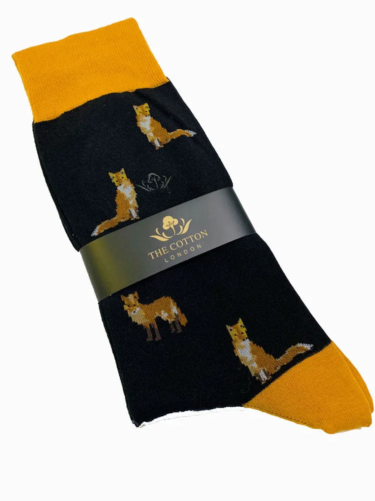 Fox Motif Soft Cotton Socks – Black