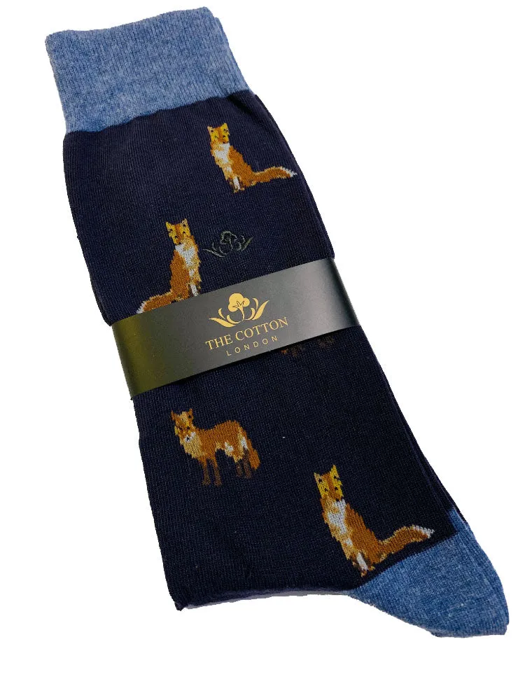 Fox Motif Soft Cotton Socks – Navy