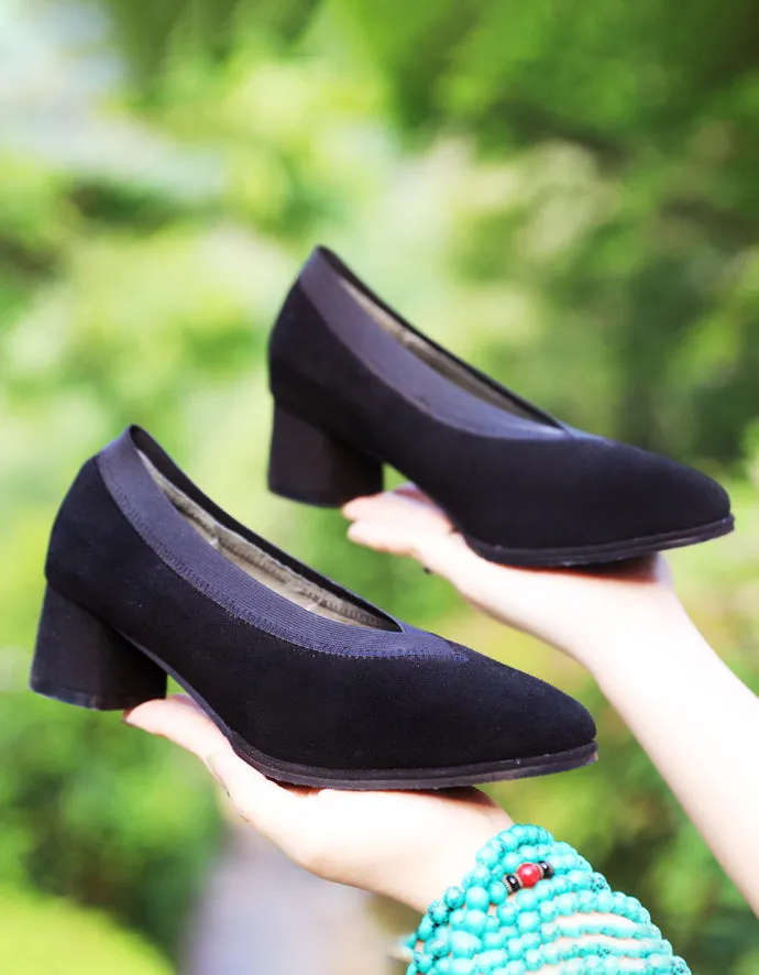 Handmade Suede Pumps Chunky Heels