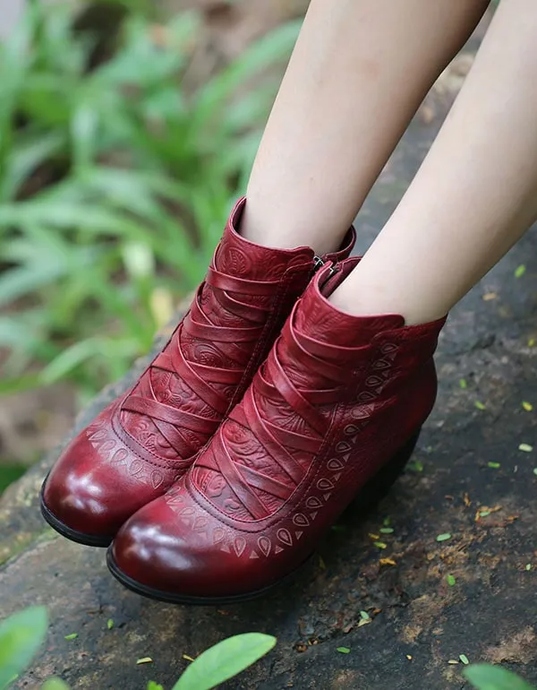 Handmade Vintage Leather Chunky Heels Ankle Boots