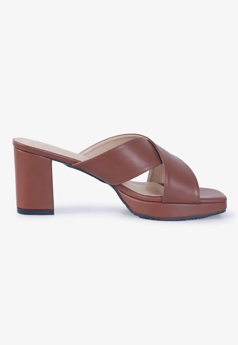 Heather Cross Strap Chunky High Heels - Brown