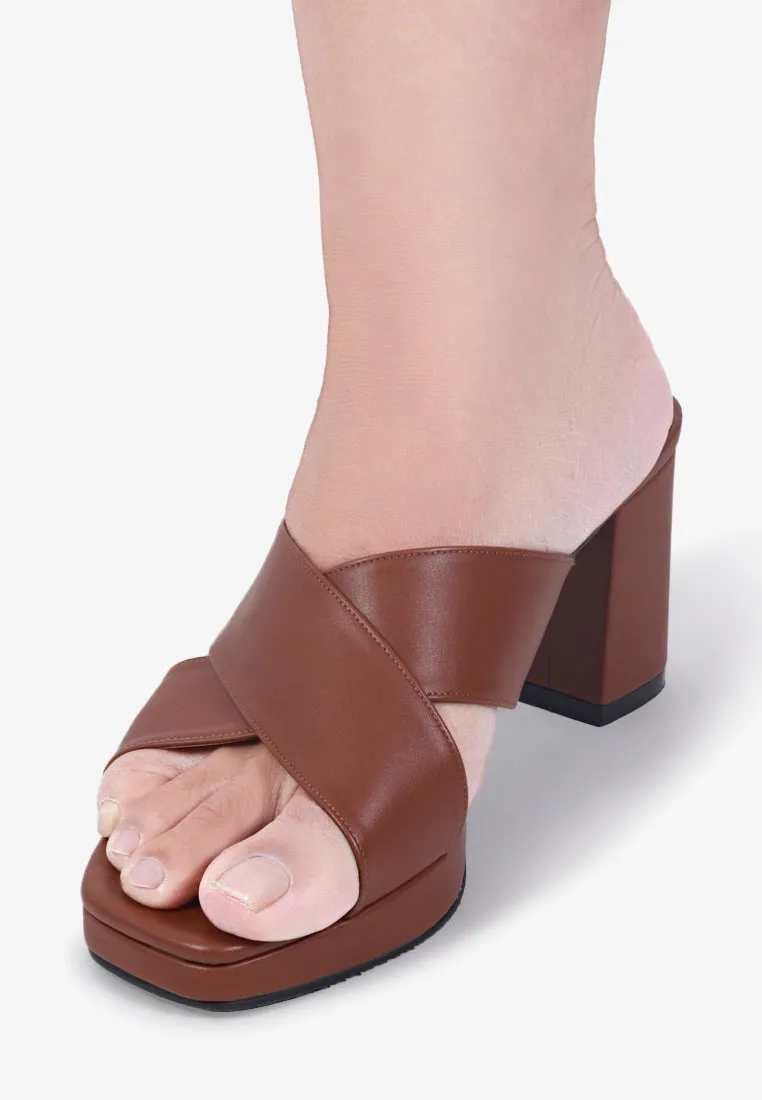 Heather Cross Strap Chunky High Heels - Brown