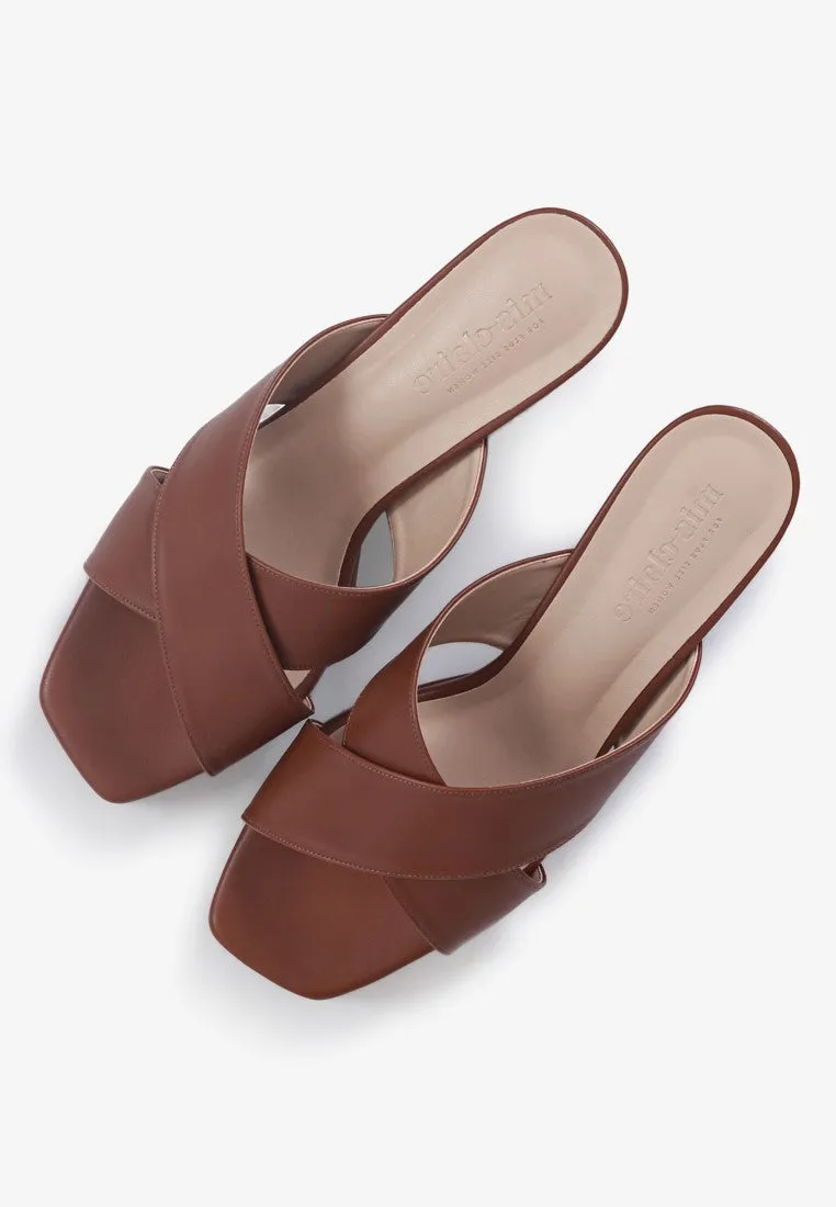 Heather Cross Strap Chunky High Heels - Brown