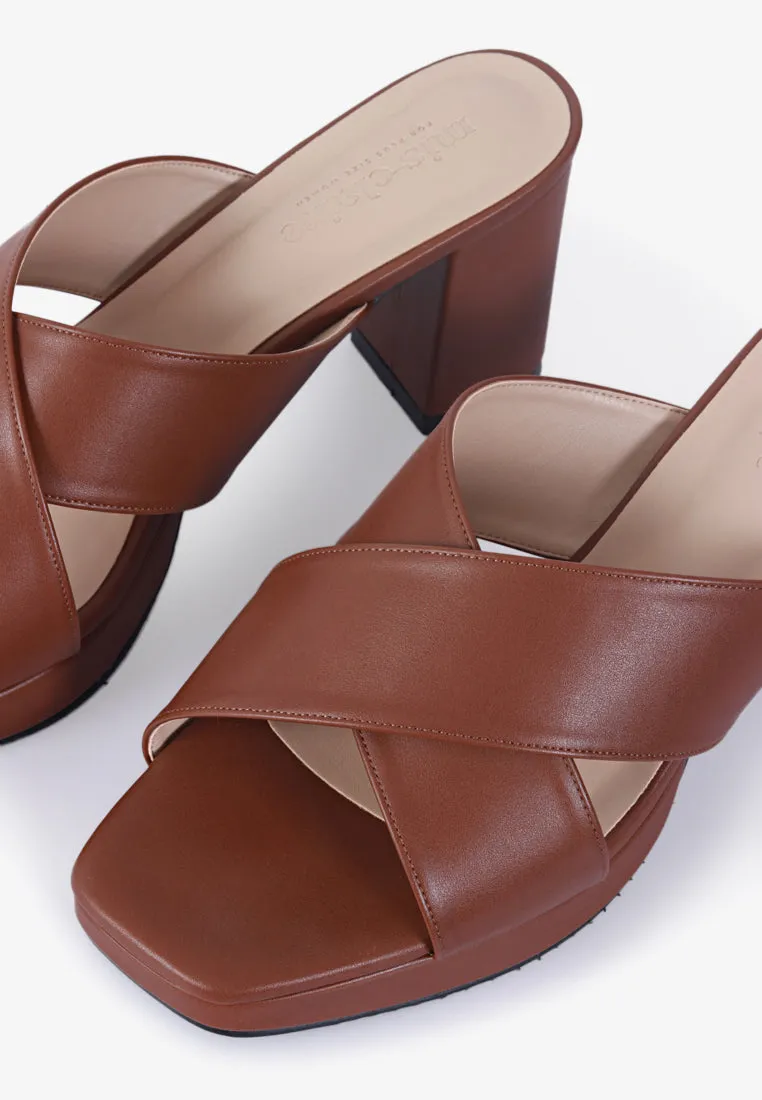 Heather Cross Strap Chunky High Heels - Brown
