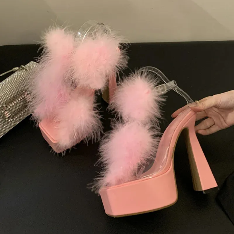 Hnzxzm 2024 Summer Fashion Pink Fluffy Feather Square Toe Chunky Platform Sandals Women Wedding Banquet Shoes Super High Heels