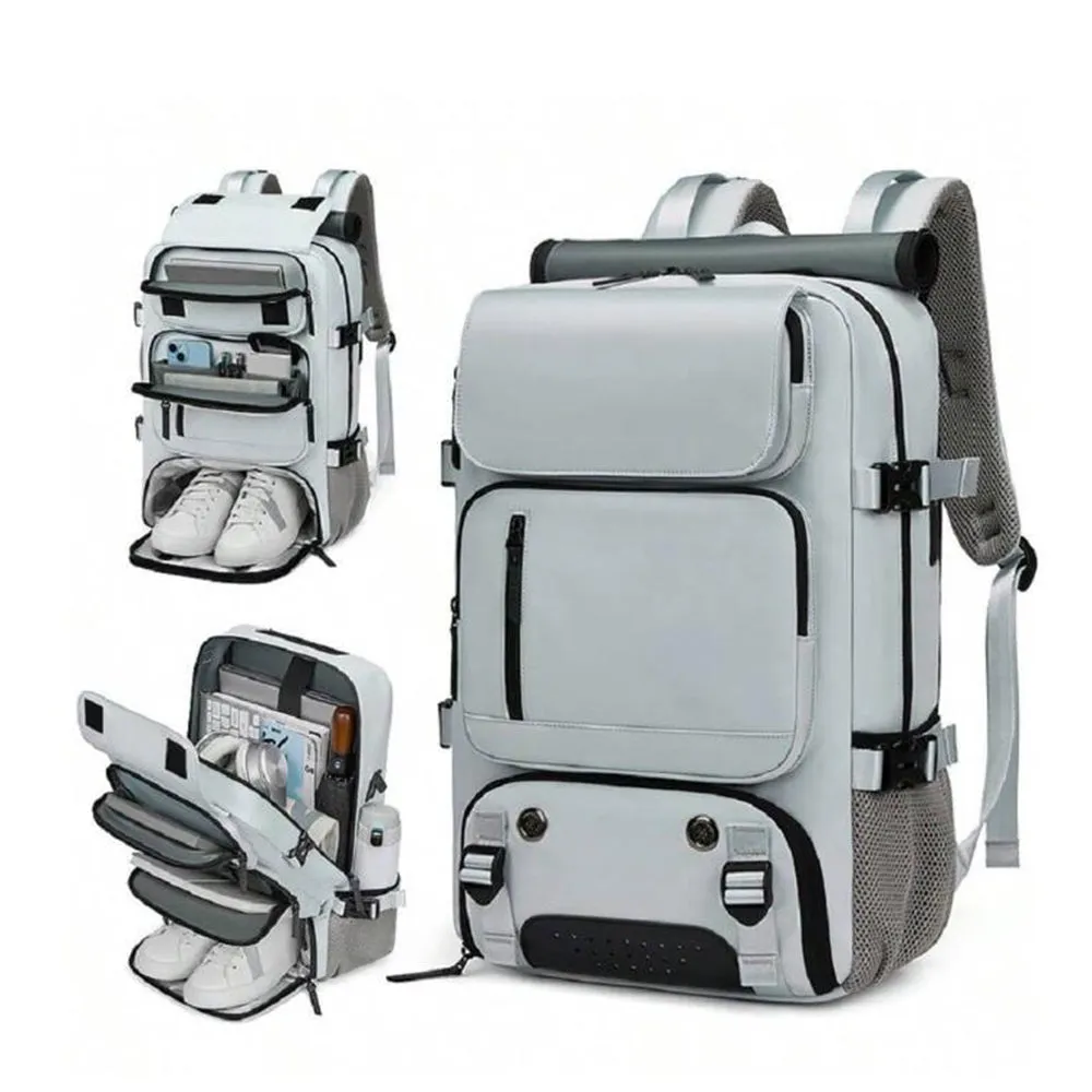 Large Travel Backpack Water Resistant Laptop Backpack Camping Rucksack With Separate Shoe Pocket Grey