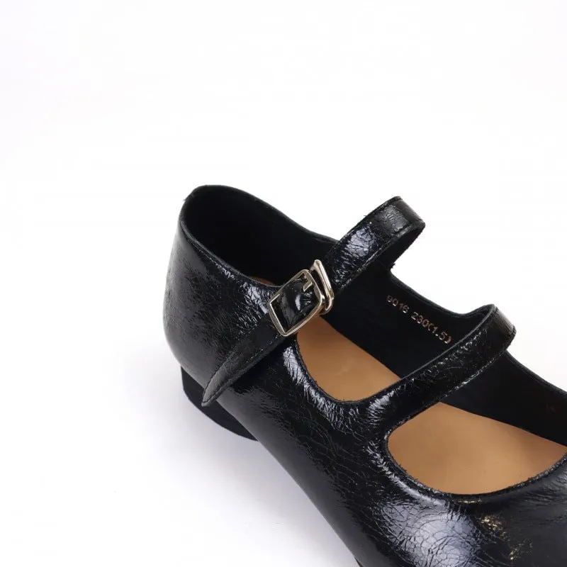 Leather Ballet Flats Split Toe Double Strap Mary Jane Low Block Heel in Silver/Black
