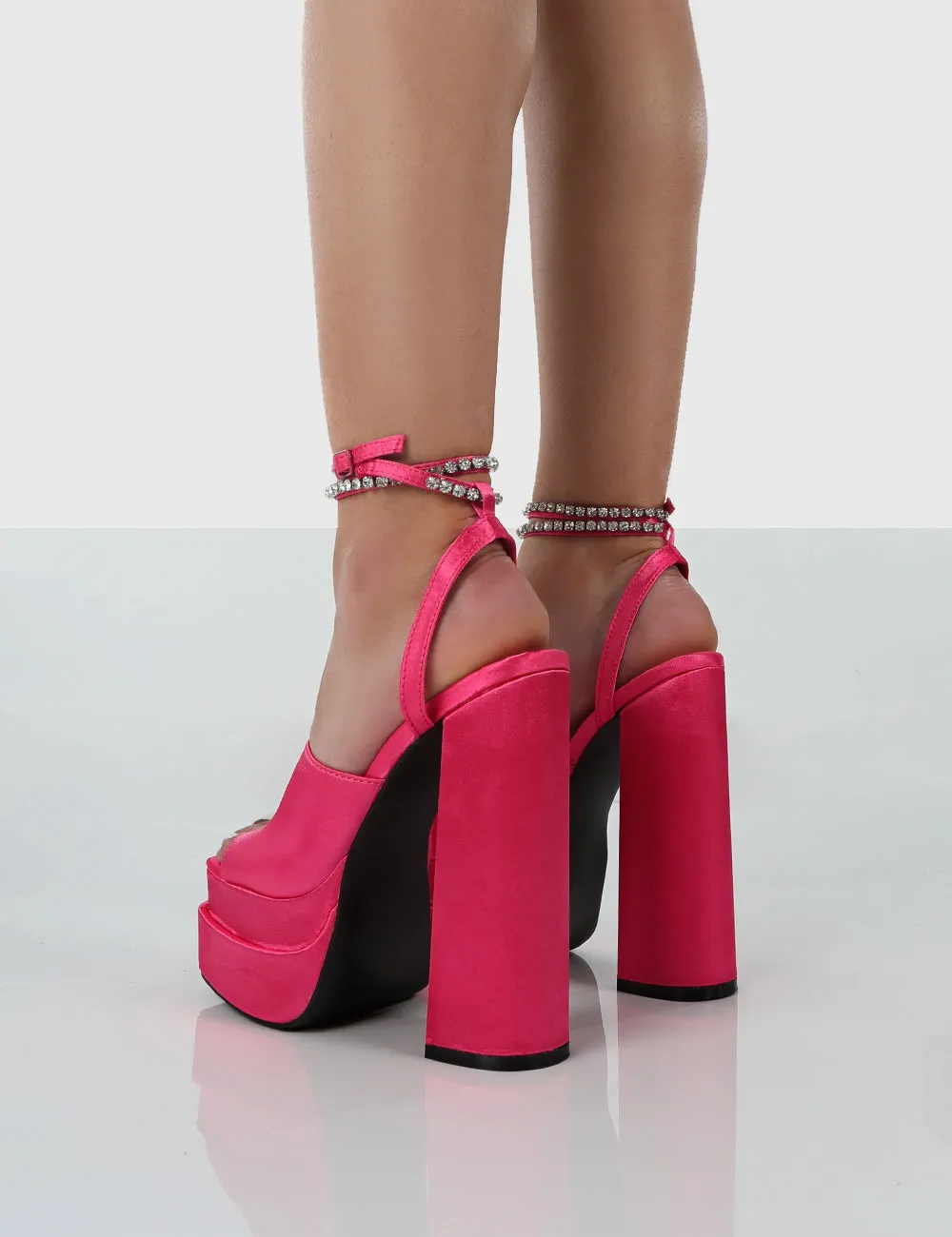 Lilibet Pink Satin Diamante Lace Up Strappy Open Toe Statement Platform Block Heels