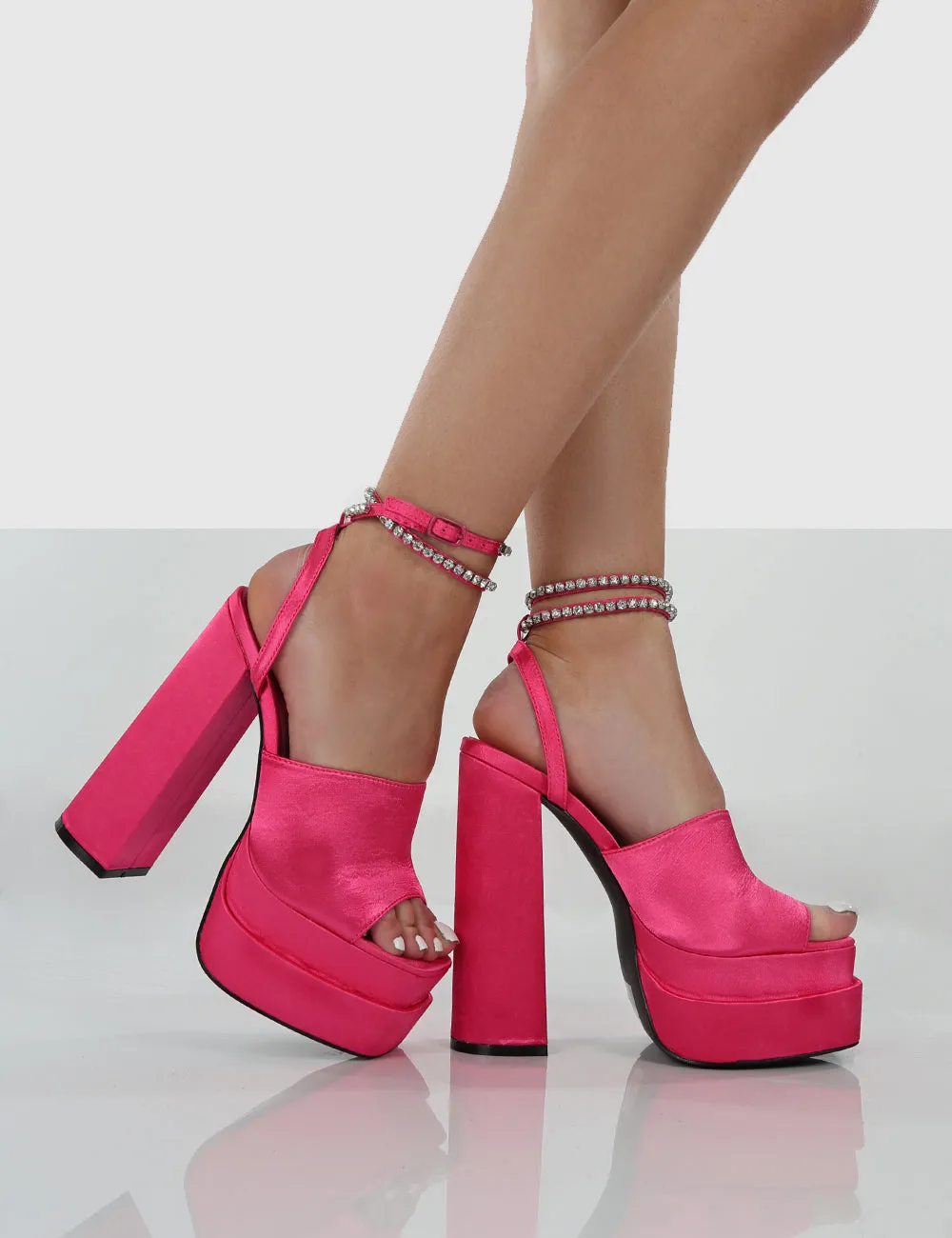 Lilibet Pink Satin Diamante Lace Up Strappy Open Toe Statement Platform Block Heels