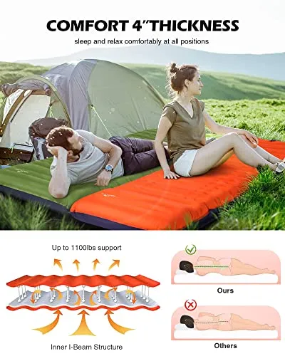 Megior Camping Sleeping Pad, Extra Thickness 4 Inch Inflatable Sleeping Mat Lightweight Waterproof Camping with Built-in Pump Air Mattress for Backpacking, Hiking, Tent, Traveling, Orange