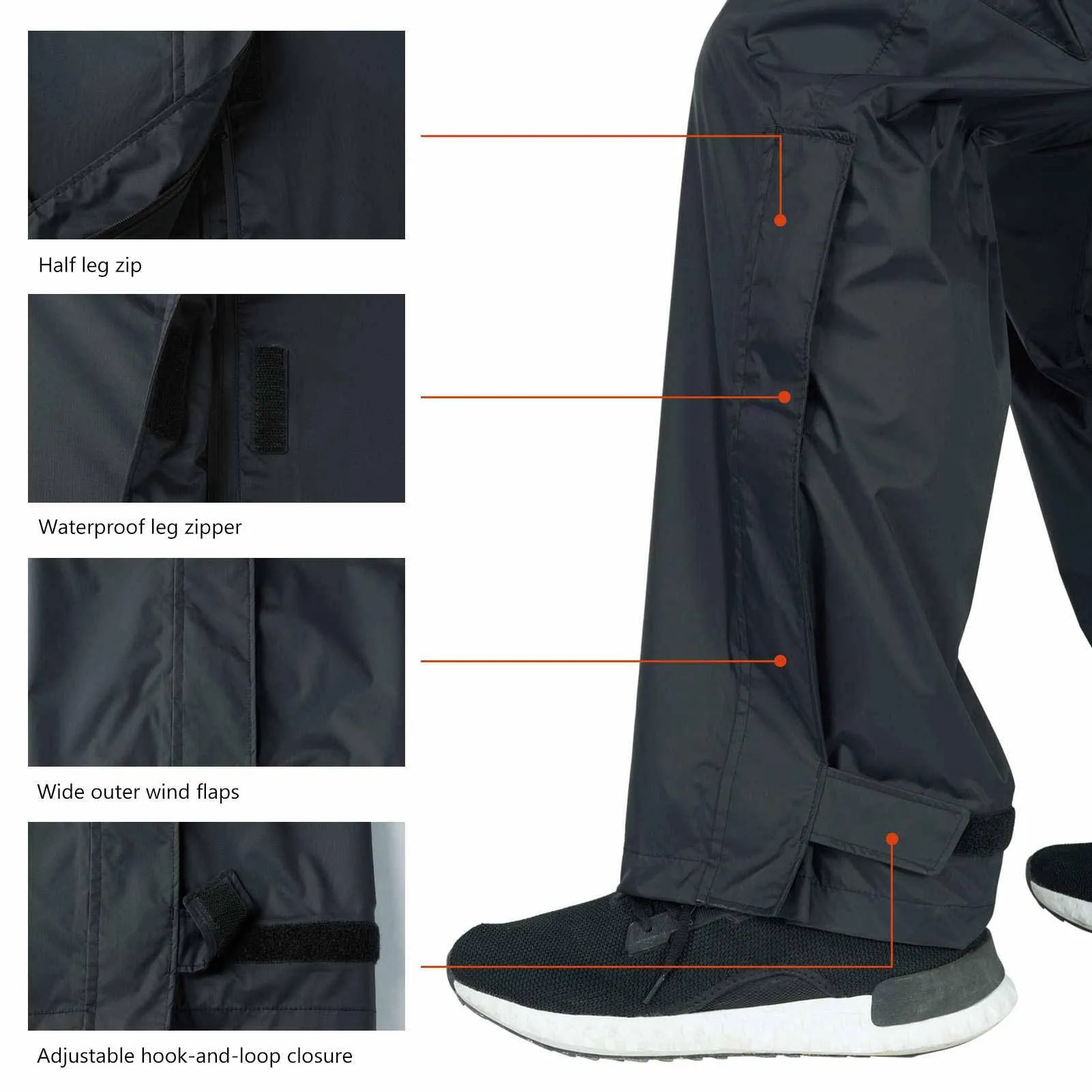 Men’s Complete Breathable Waterproof Rain Pants with 1/2 Zip Legs