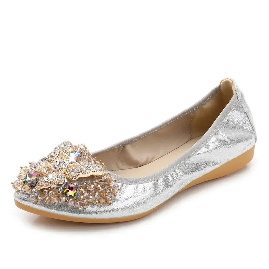 Merendy zinariya slip-on pointed toe Leather Jewel-embellished metallic ballet flats