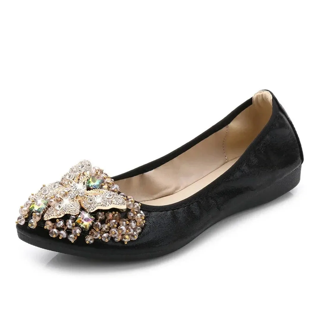 Merendy zinariya slip-on pointed toe Leather Jewel-embellished metallic ballet flats