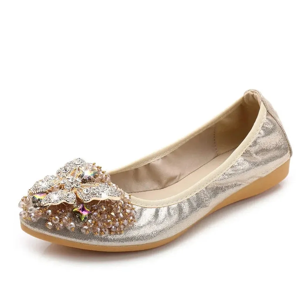 Merendy zinariya slip-on pointed toe Leather Jewel-embellished metallic ballet flats